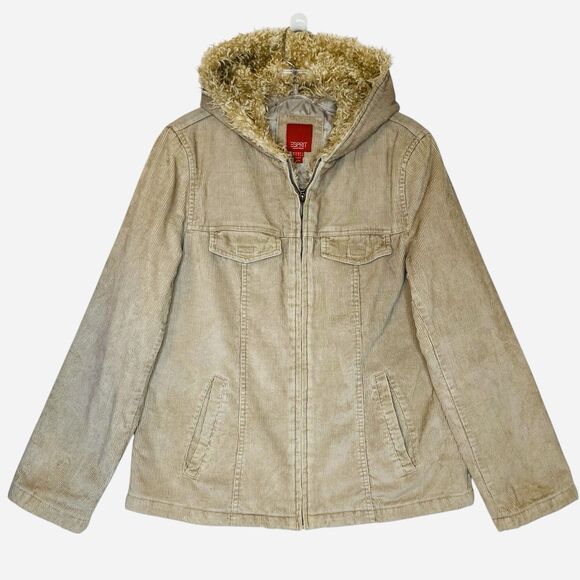 Vintage Y2K Esprit Corduroy Hooded Jacket Women M Beig  Full Zip Faux Fur Trim - Picture 1 of 12